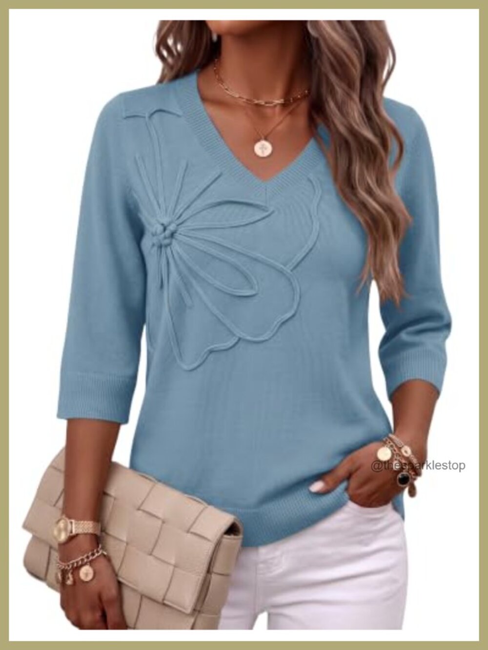 Womens V-Neck Sweater 3/4 Sleeve Floral Pullover Knit Top